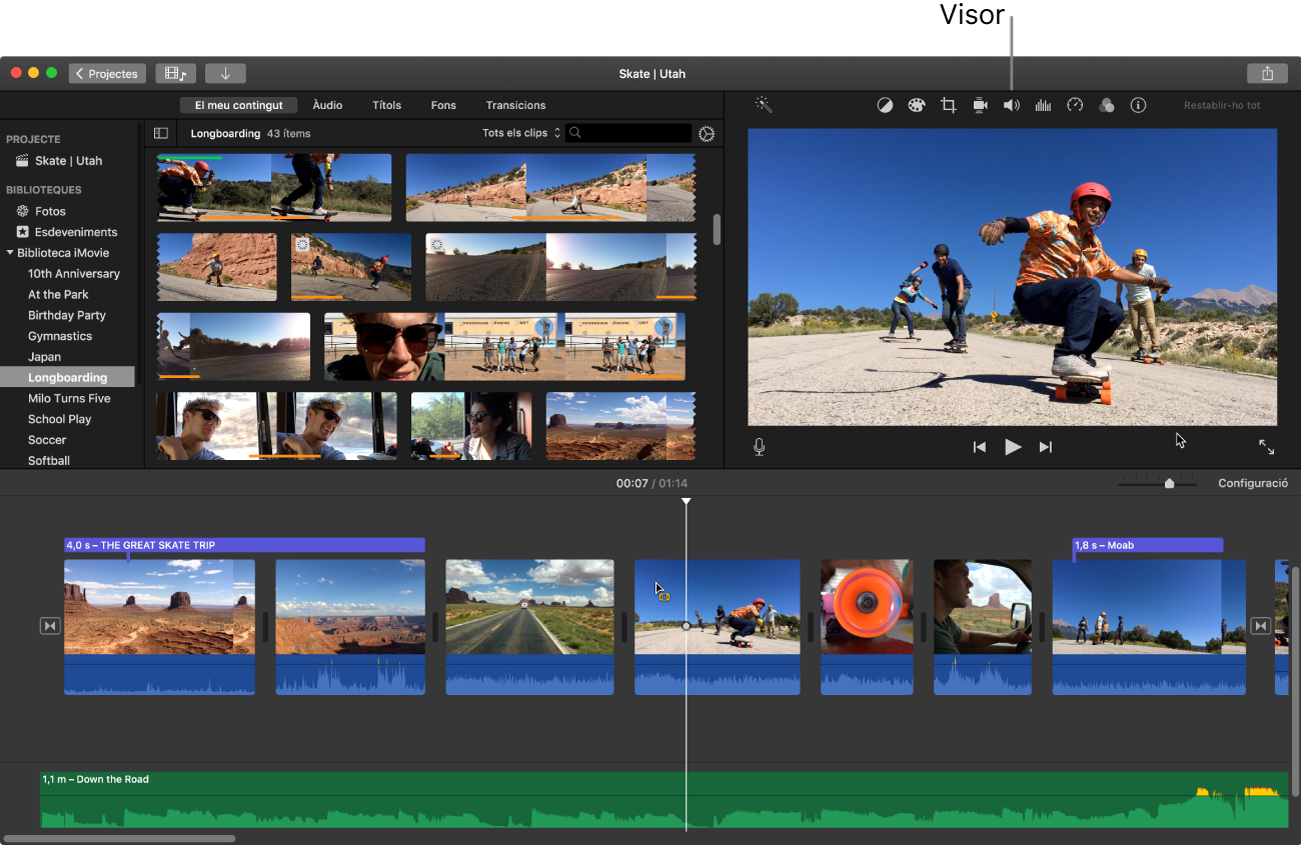 Finestra principal de l’iMovie amb el visor activat sobre la línia de temps