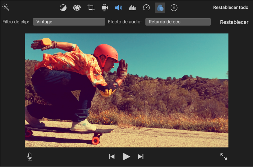 Visor con un clip que tiene un filtro aplicado; los controles “Filtro de clip” aparecen encima del visor