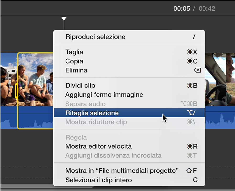 L’opzione “Ritaglia selezione” mentre viene scelta dal menu di scelta rapida nella timeline