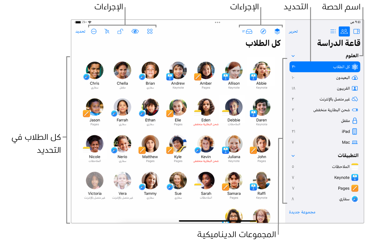 نافذة تطبيق قاعة الدراسة على iPad يظهر بها جميع الطلاب.