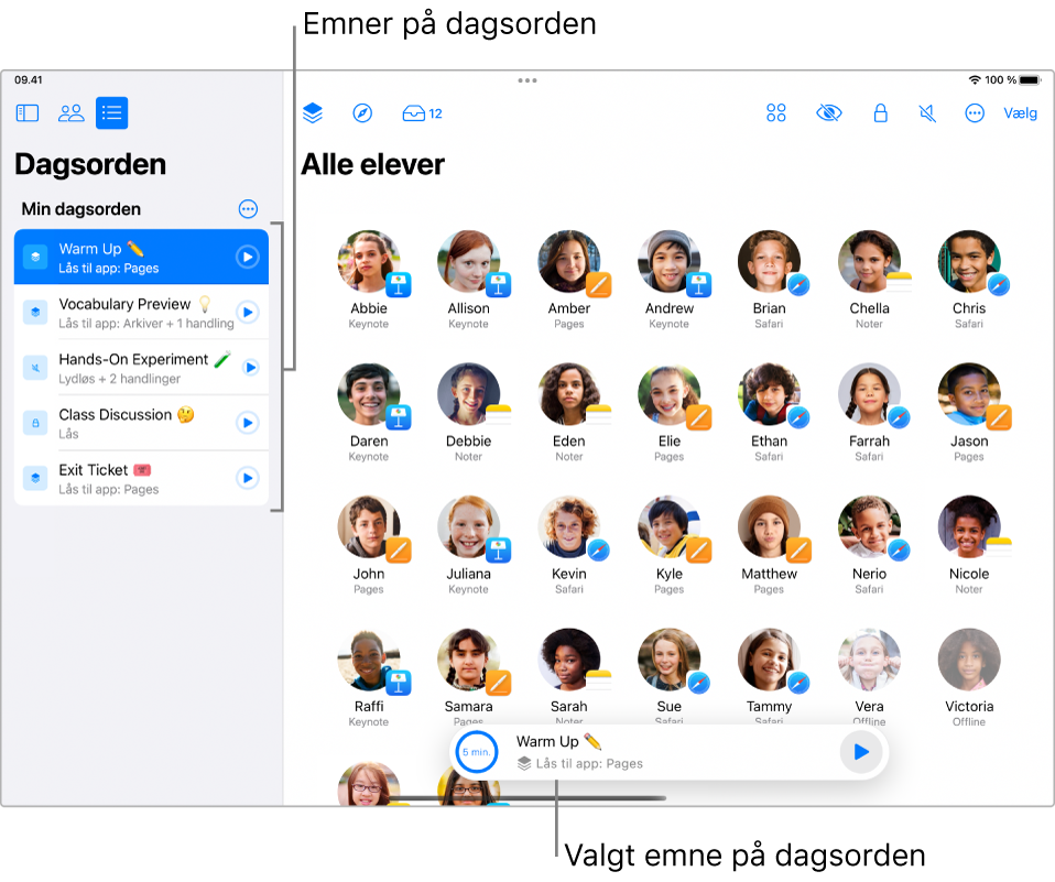 Vælgeren til dagsordener på en iPad, der viser en dagsorden med navnet Min dagsorden.