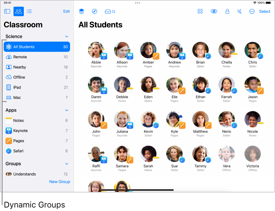 The main Classroom window showing various Dynamic groups in the sidebar.