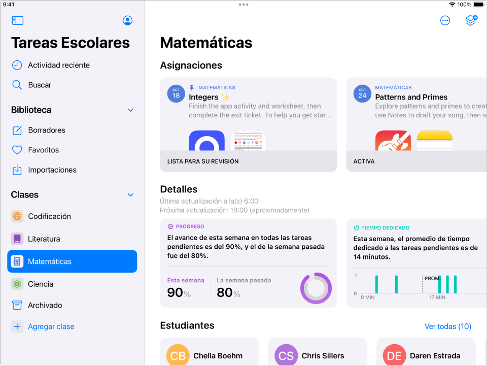 Captura de pantalla de la app Tareas Escolares en el iPad.