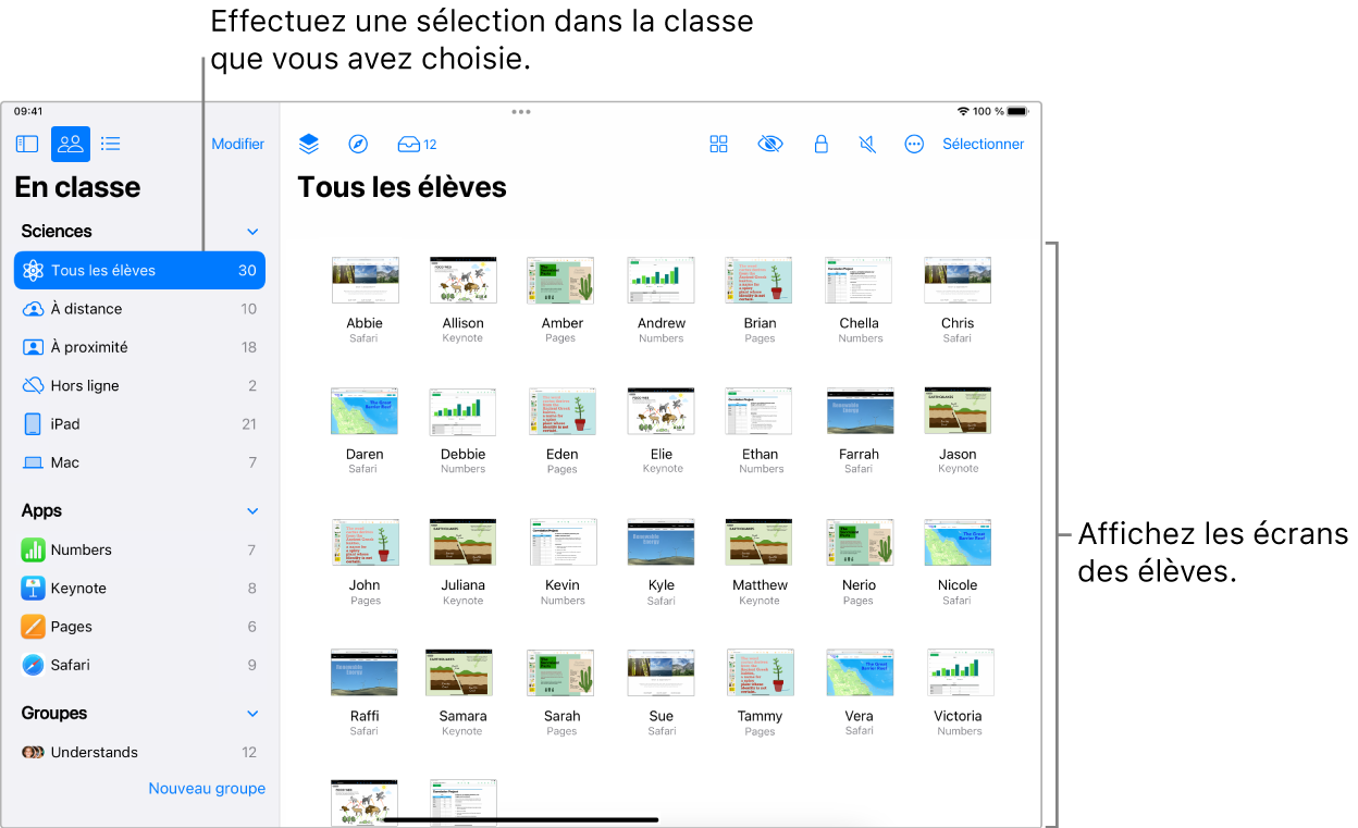 Fenêtre En classe sur l’iPad affichant le bouton Écrans sélectionné dans la liste d’actions, et un groupe sélectionné montrant des écrans qui peuvent désormais être affichés.