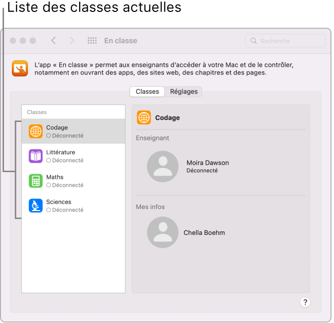 Affichage par les élèves des classes d’En classe qui leur sont accessibles.