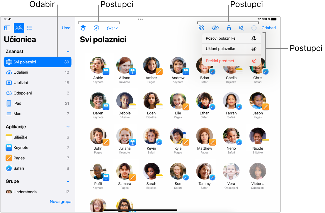 Glavni prozor Učionice na iPadu koji prikazuje postupke koje možete izvršiti blizu vrha prozora.