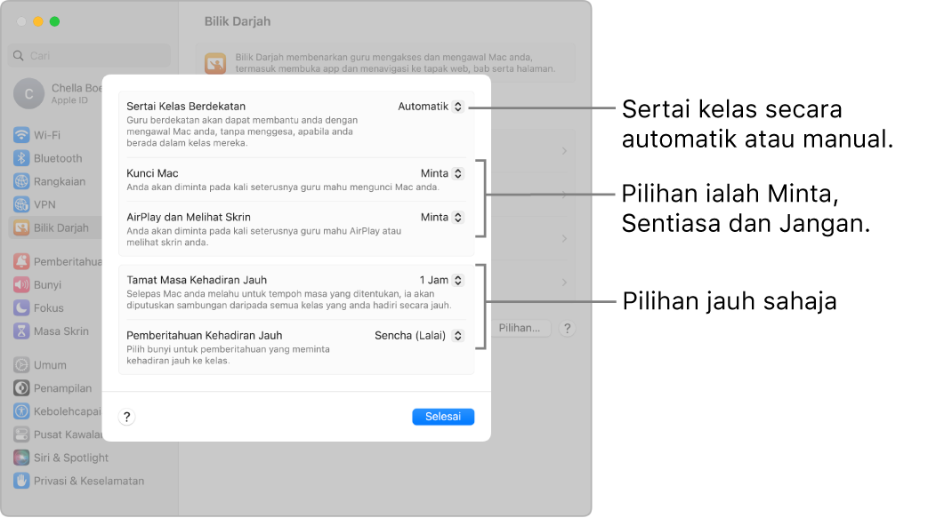 Paparan pelajar tentang kebenaran Bilik Darjah yang tersedia untuk mereka.