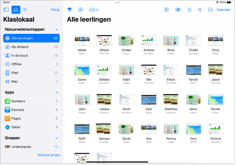 Het Klaslokaal-venster op een iPad, met de knop 'Alle leerlingen' gemarkeerd. Onder in het scherm worden de schermen van alle geselecteerde leerlingen weergegeven.