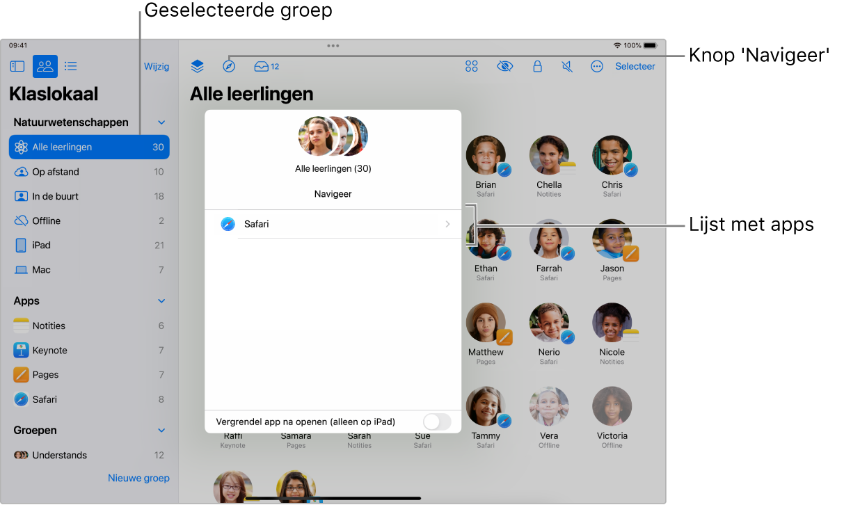 Een Klaslokaal-venster op een iPad met de knop 'Navigeer' gemarkeerd en een groep leerlingen geselecteerd. Het navigatiepaneel toont twee doelen: Boeken en Safari.