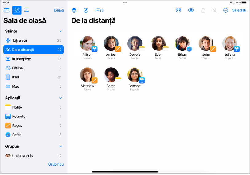 Fereastra aplicației Sala de clasă de pe iPad afișând elevii selectați aflați la distanță.