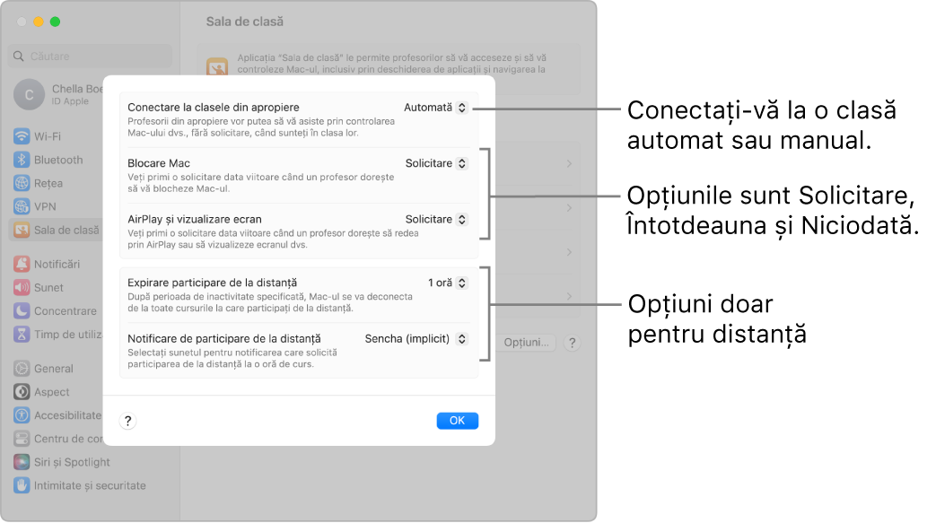 Modul în care elevii vizualizează permisiunile “Sala de clasă” disponibile pentru ei.