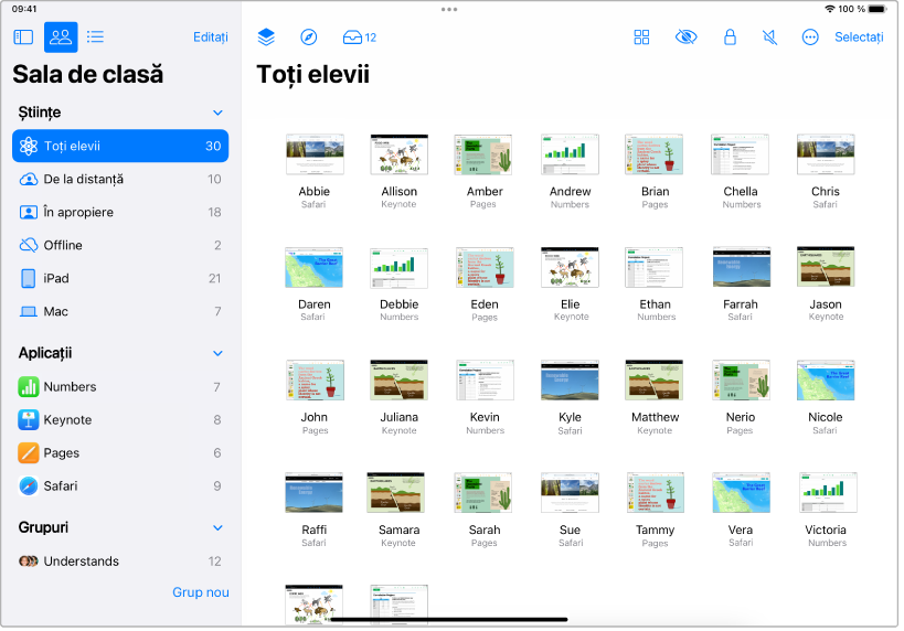 Fereastra Sala de clasă de pe iPad, cu butonul Toți elevii evidențiat. Ecranul fiecărui elev selectat este afișat în partea inferioară a ecranului.