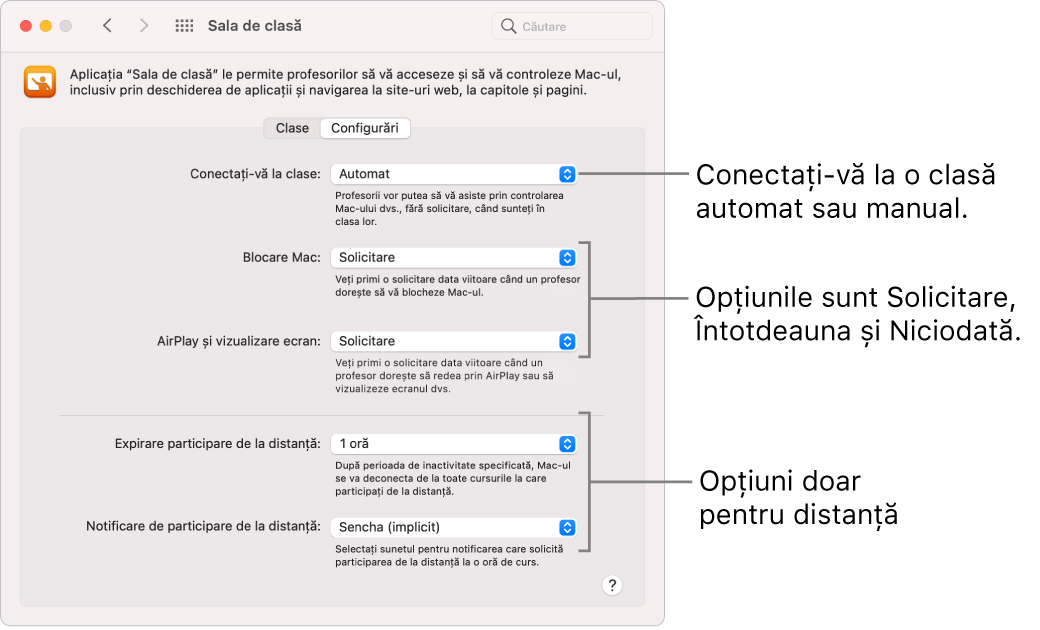 Modul în care elevii vizualizează permisiunile “Sala de clasă” disponibile pentru ei.