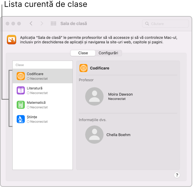 Modul în care elevii vizualizează clasele “Sala de clasă” disponibile pentru ei.