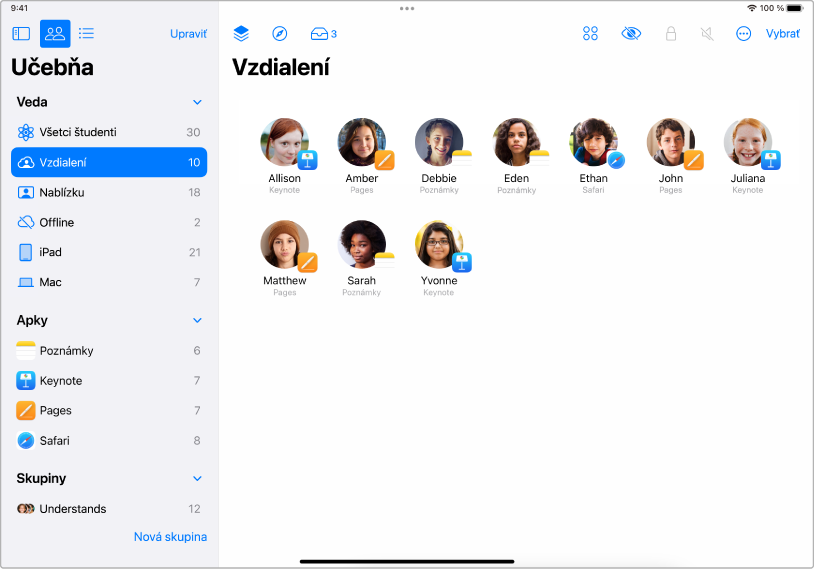 Okno Učebne na iPade zobrazujúce vybraných študentov, ktorí sú vzdialení.