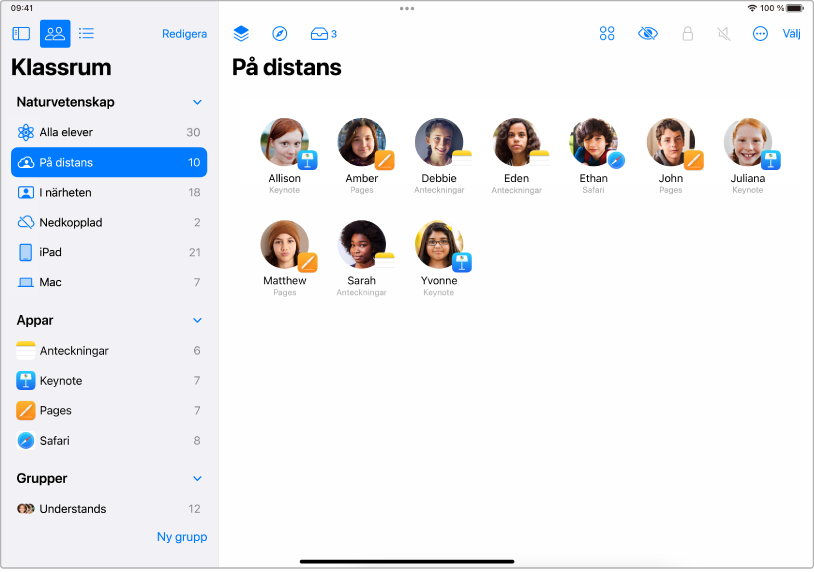 Klassrum-fönstret på iPad som visar markerade distanselever.