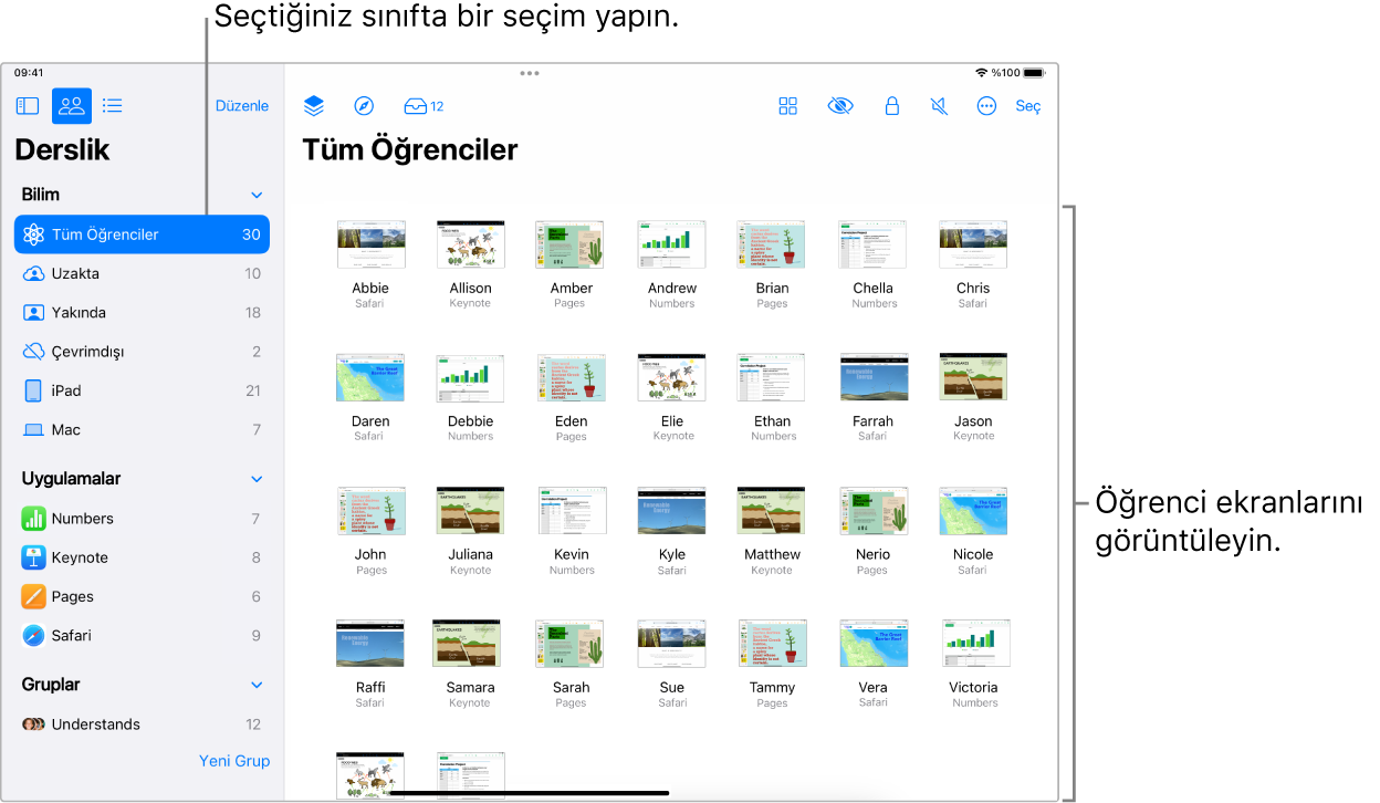 iPad’deki Derslik penceresi, eylem satırında Ekranlar düğmesini seçili olarak gösteriyor; seçilen grup da şu an görüntülenebilecek ekranları gösteriyor.