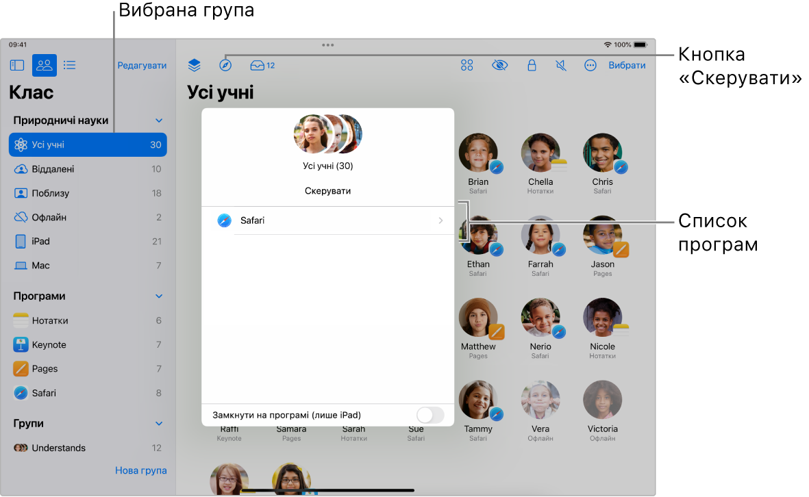 Вікно програми «Клас» на iPad з виділеною кнопкою «Скерувати» і вибраною групою учнів. Панель «Скерувати», що показує два розташування — Книги та Safari.
