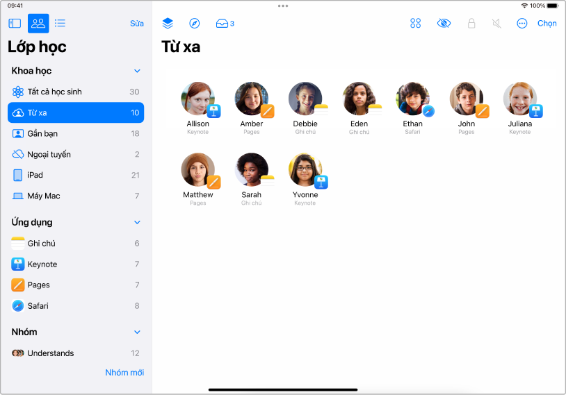 Cửa sổ Lớp học trên iPad đang hiển thị các học sinh từ xa được chọn.