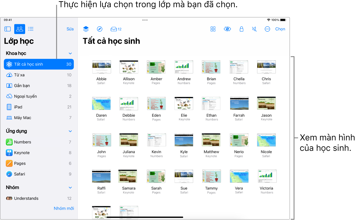 Cửa sổ Lớp học trên iPad đang hiển thị nút Màn hình được chọn trong hàng tác vụ và một nhóm được chọn đang hiển thị các màn hình có thể xem được bây giờ.