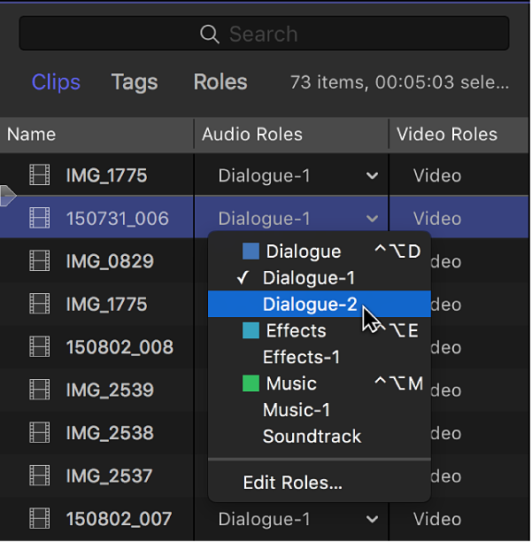 Spalte „Audiorollen“ im Bereich „Clips“ des Timeline-Index mit einem Menü, in dem die verfügbaren Subrollen aufgelistet sind