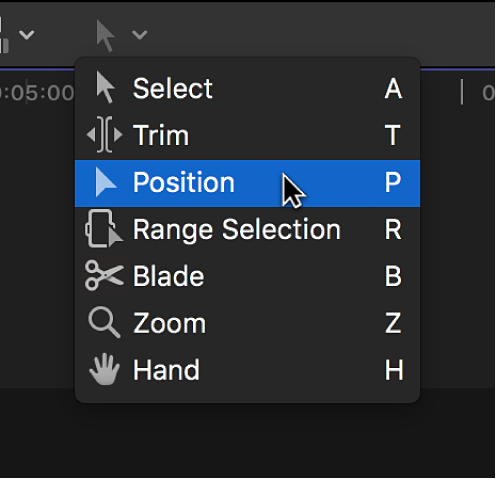 Das Positionswerkzeug im Einblendmenü „Werkzeuge“