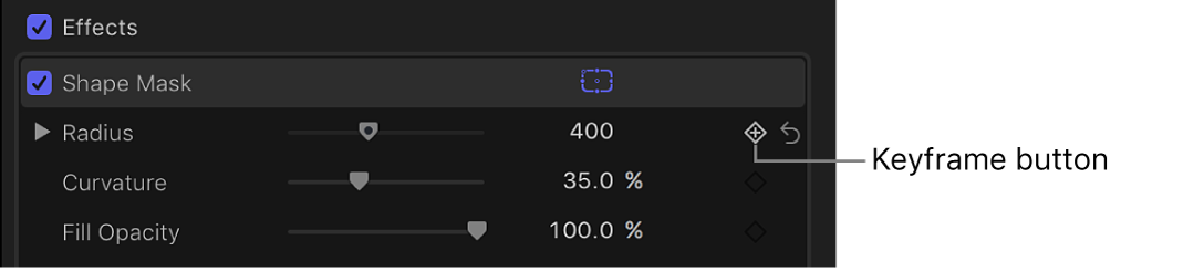 The Shape Mask controls in the Effects section of the Video inspector, with a Keyframe button appearing to the right of the Radius slider