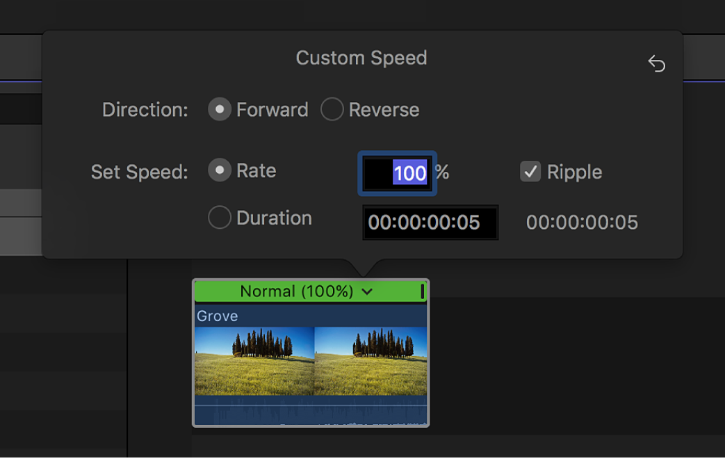 The timeline showing the Custom Speed window above a selected clip