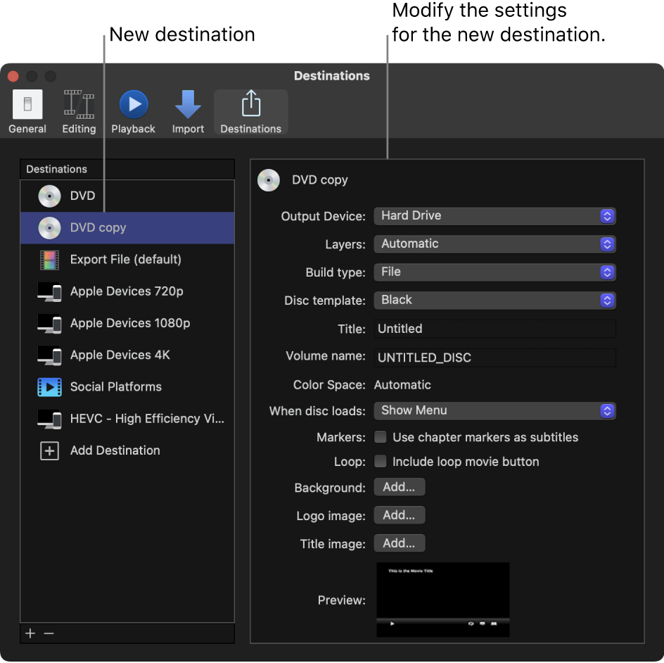 The Destinations pane of the Final Cut Pro Settings window showing a duplicated DVD destination selected in the list on the left