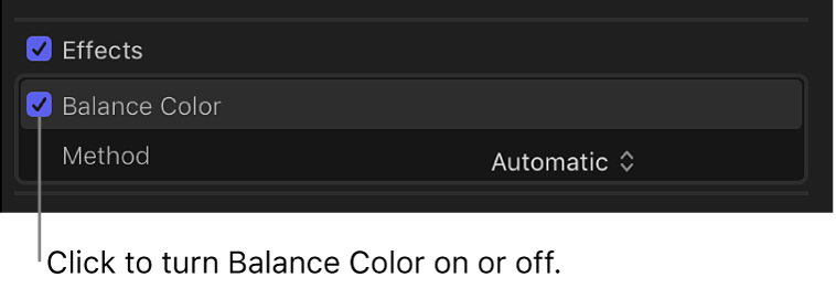 The Effects section of the Video inspector showing the Balance Color checkbox and the status of color balance analysis