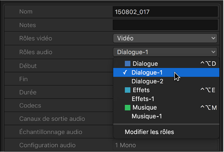 Options du menu local Rôles audio dans l’inspecteur d’informations