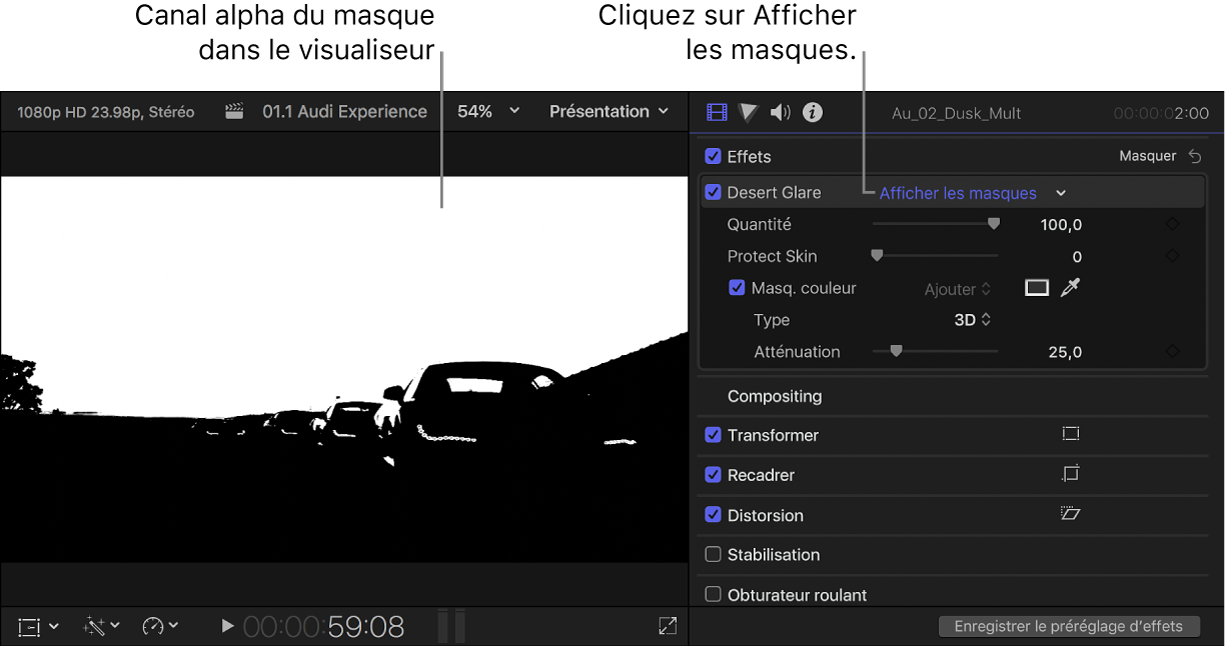 Visualiseur à gauche affichant le canal alpha du masque et inspecteur vidéo ouvert à droite