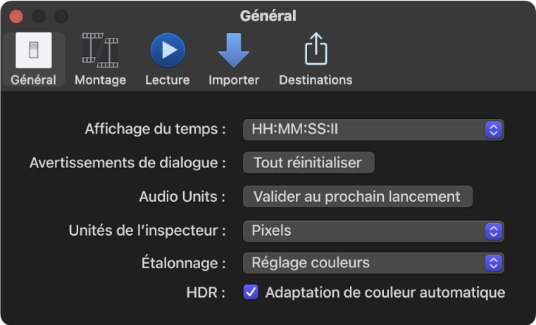 Sous-fenêtre Général de la fenêtre Réglages de Final Cut Pro