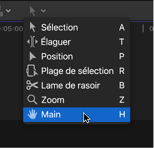 Outil Main dans le menu local Outils