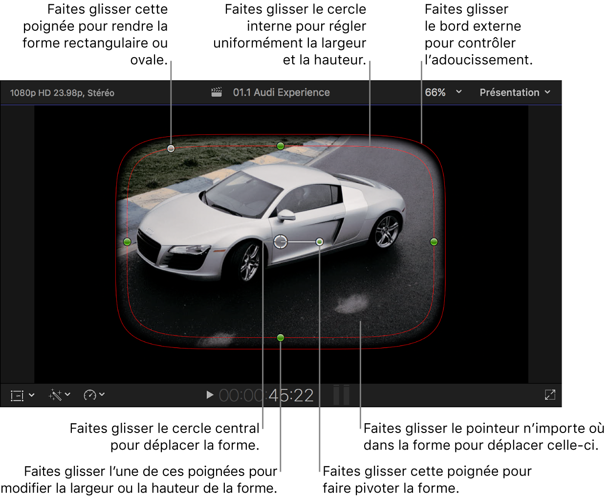 Masque de forme par défaut et commandes à l’écran dans le visualiseur