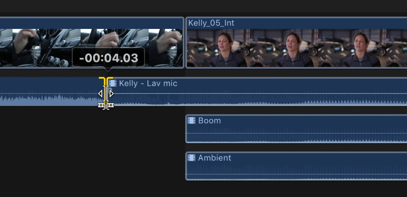 Timeline montrant un point de montage entre des composants audio adjacents en cours de glissement vers la gauche