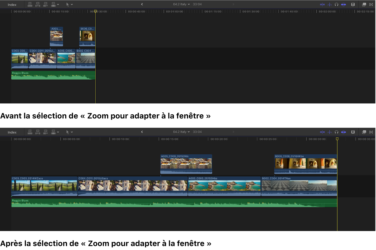 Timeline affichée après la sélection de l’option « Zoom pour adapter à la fenêtre »