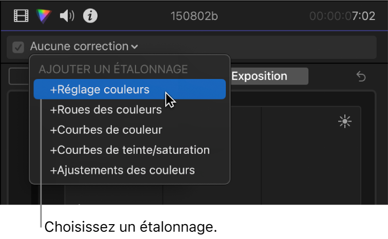 Réglage colorimétrique choisi dans la section Ajouter une correction du menu local situé en haut de l’inspecteur de couleur