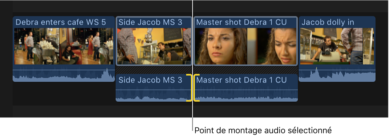 Les deux côtés d’un point de montage audio sélectionnés dans la timeline