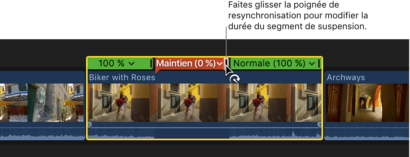 Glissement de la poignée de resynchronisation d’un segment de suspension dans la timeline pour modifier la durée