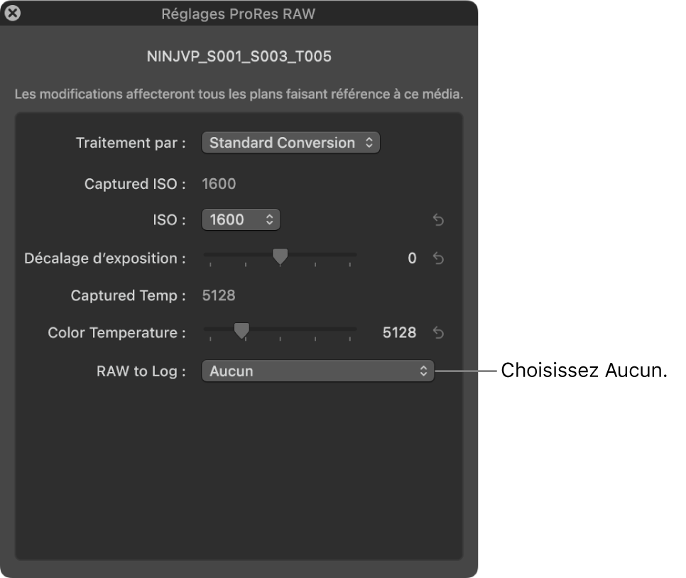 Fenêtre « Réglages ProRes RAW » avec « RAW vers log » réglé sur Aucune
