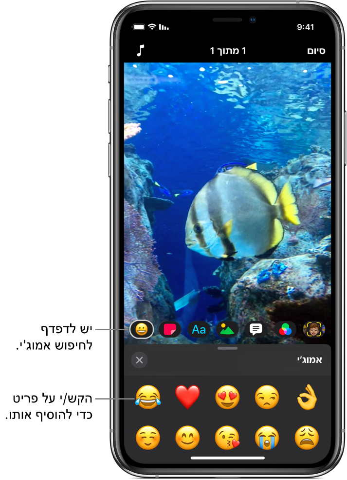 תמונה של סרטון בחלון התצוגה, עם הכפתור “אמוג׳י” במצב בחירה ומתחתיו סמלי אמוג׳י.