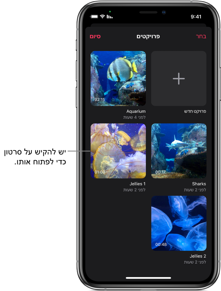 המסך של “פרויקטים” עם הכפתור ״פרויקט חדש״ ותמונות ממוזערות של סרטונים קיימים.