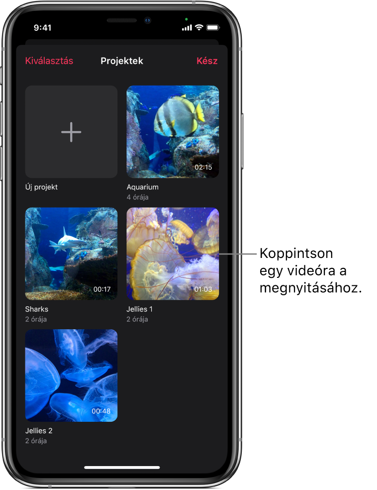 A Projektek képernyőn az Új projekt gomb látható és a meglévő videók bélyegképei.
