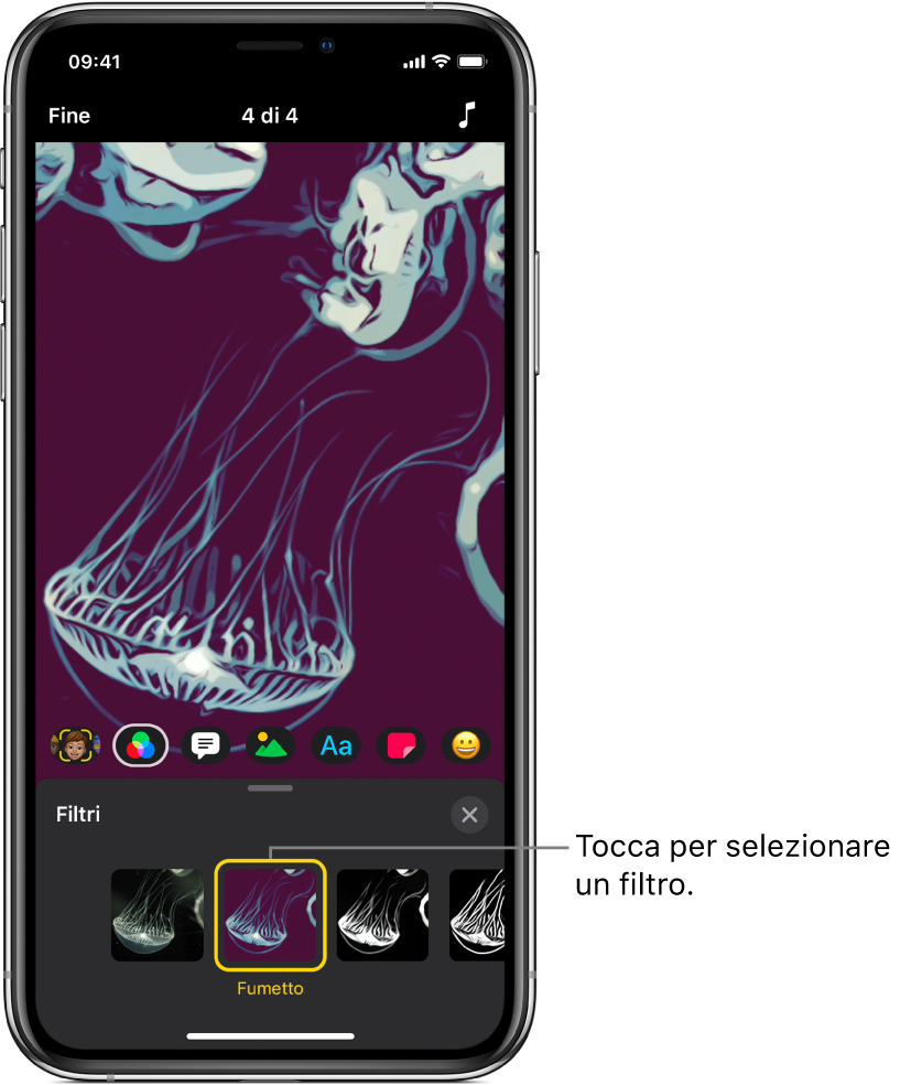 Il visualizzatore che mostra un filtro applicato al clip. Sotto, è stato selezionato il filtro Fumetto.