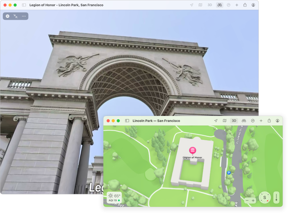 An interactive 360-degree view of a local attraction in San Francisco, with a 3D map in the lower-right corner.