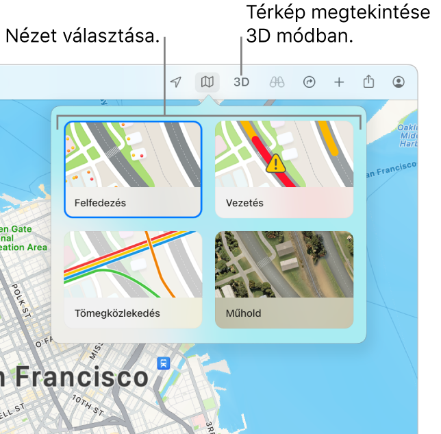 San Francisco térképe a térképnézet beállításaival: Felfedezés, Forgalmi, Tömegközlekedés és Műhold.