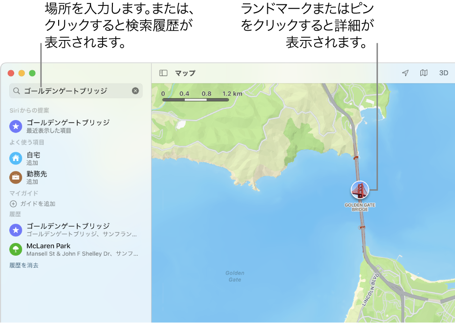 検索フィールドに場所を入力するか、クリックして検索履歴を表示します。詳細を表示するには、ランドマークまたはピンをクリックします。