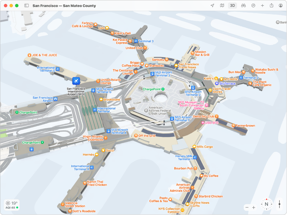 Mapa pokazująca wnętrze Międzynarodowego portu lotniczego San Francisco.