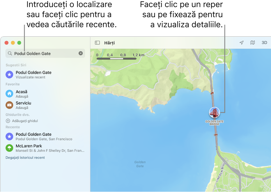 Introduceți o locație în câmpul de căutare sau faceți clic pe aceasta pentru a vizualiza căutările recente. Faceți clic pe un reper sau fixați-l pentru a-i vizualiza detaliile.